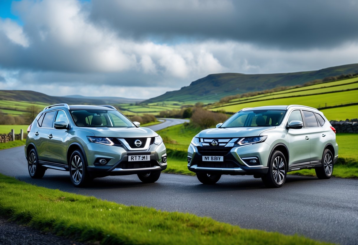 Two SUVs, a Nissan X-Trail and a Mitsubishi Outlander, parked side by side on a rural road with green hills in the background.