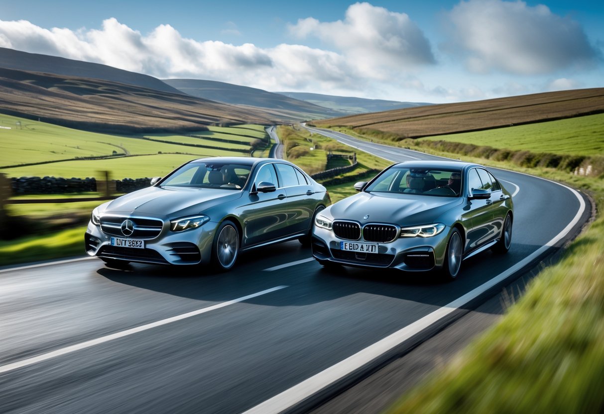 Two luxury cars, a Mercedes-Benz E-Class and a BMW 5 Series, driving side by side on a winding road in the Irish countryside with green hills and a blue sky in the background.