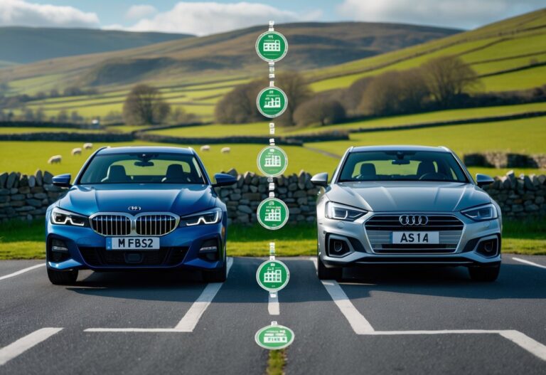 Two cars, a blue BMW 3 Series and a silver Audi A4, parked side by side on a country road in Ireland with green hills and stone walls in the background.