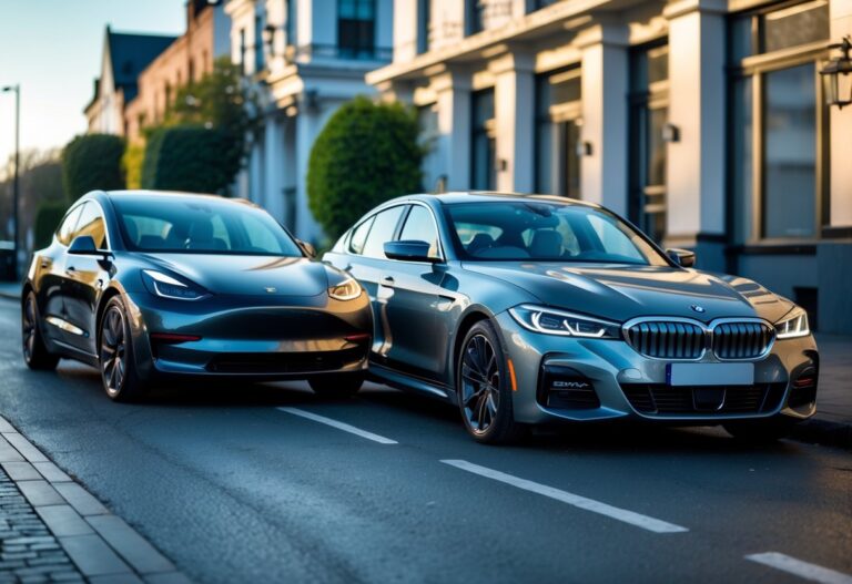 Tesla Model 3 and BMW parked side by side on a street in Ireland during daytime.