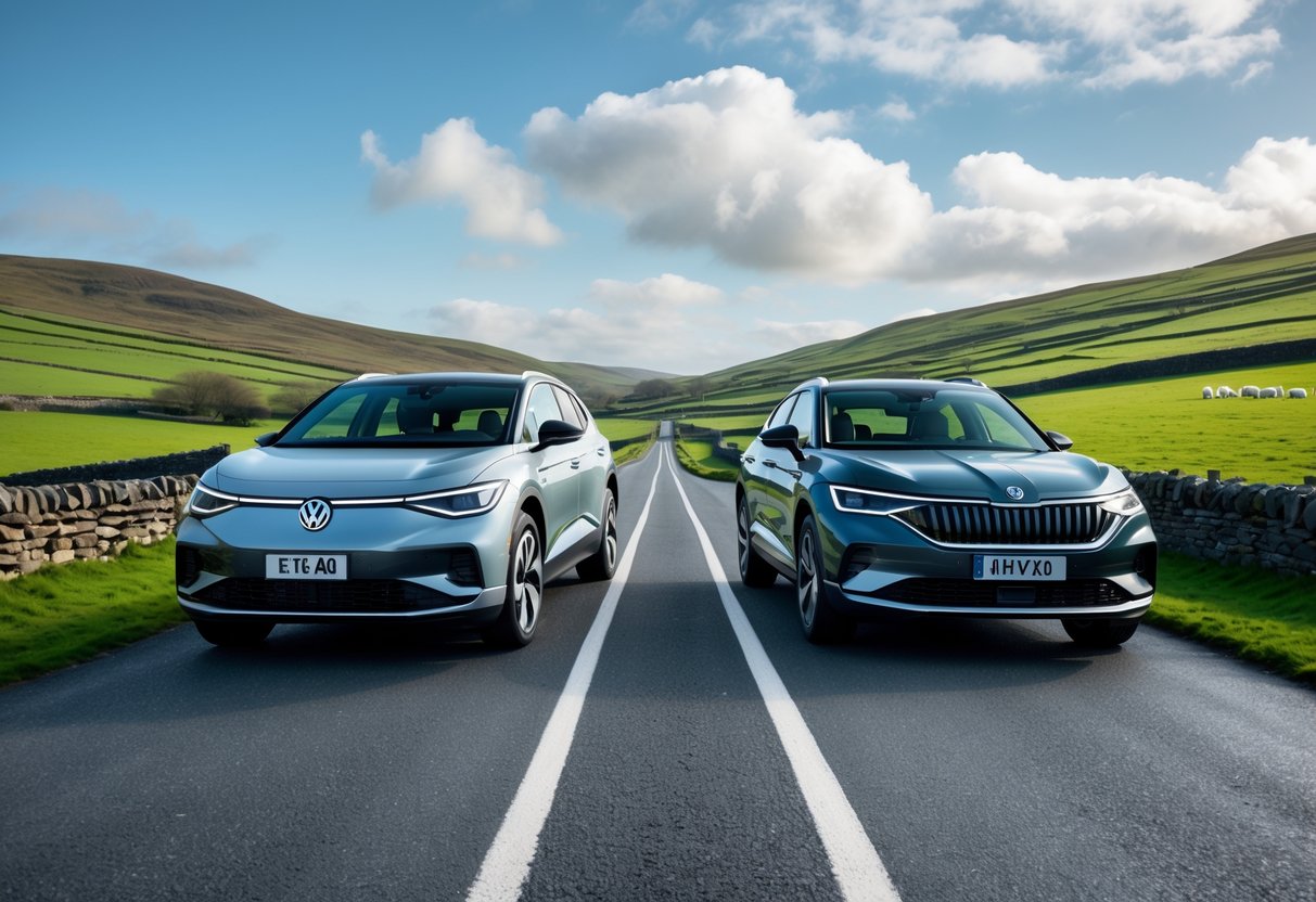 Two electric SUVs parked side by side on a rural Irish road with green hills and stone walls in the background.