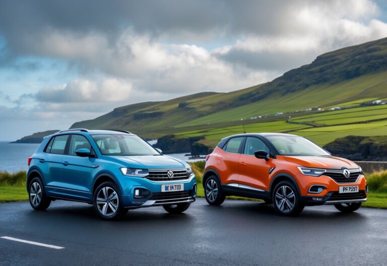 Two compact SUVs, a blue Volkswagen T-Roc and a red Renault Captur, parked side by side on a road with green hills and coastline in the background.