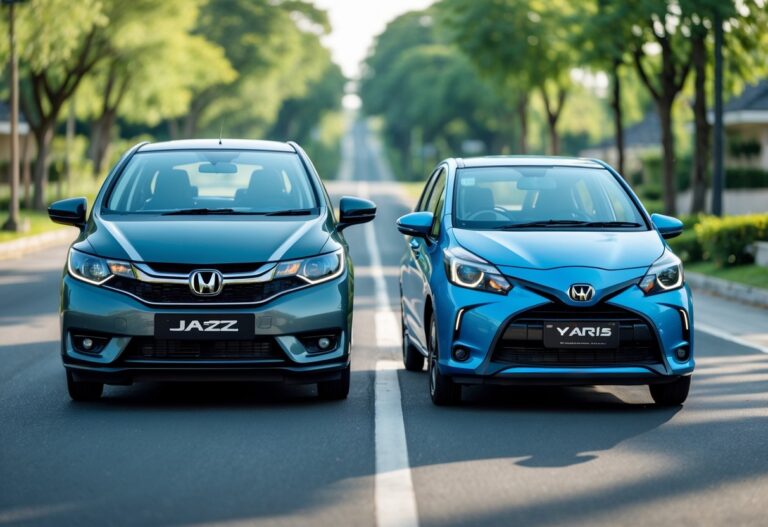 Two compact cars, a Honda Jazz and a Toyota Yaris, driving side by side on a smooth road in a suburban area with trees and clear skies.
