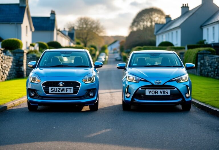 Two cars, a Suzuki Swift and a Toyota Yaris, parked side by side on a suburban street in Ireland with houses and greenery in the background.