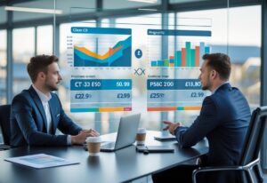 Two business professionals discussing purchase price comparisons between two car models in a modern office with graphs on a digital screen and a view of Northern Ireland outside.