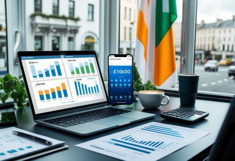A desk with a laptop showing cost comparison charts, two smartphones, documents, and a calculator, with a view of an Irish city outside the window.