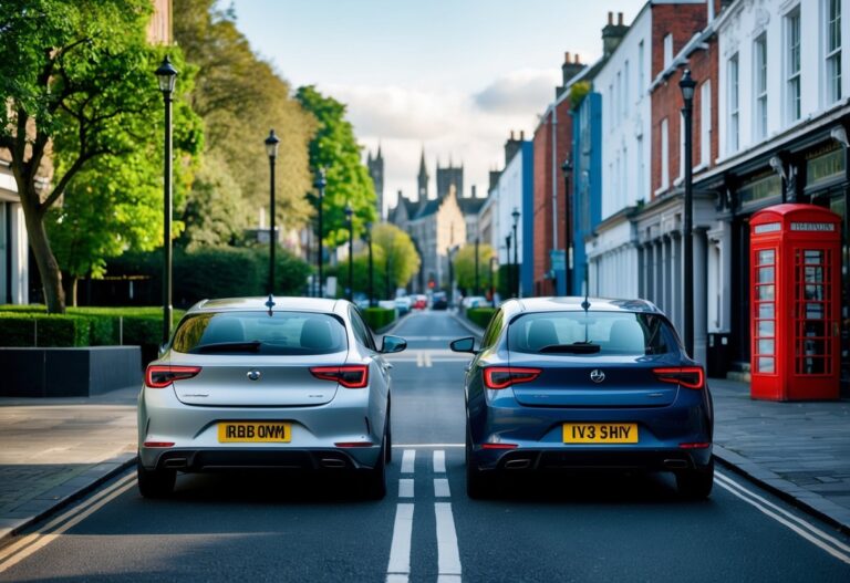 Two modern cars parked side by side with Irish and UK flag emblems on their side mirrors, set against cityscapes representing Ireland and the UK.