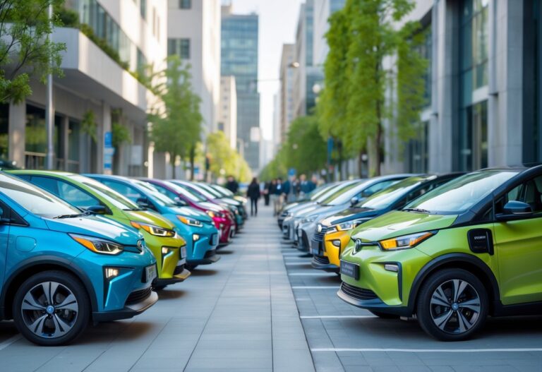 A lineup of modern hybrid cars parked on a city street with buildings and people in the background.