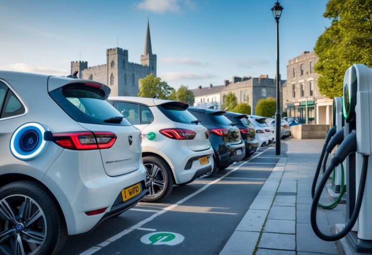 Several electric hatchback cars parked on a street in an Irish city with buildings and greenery in the background.