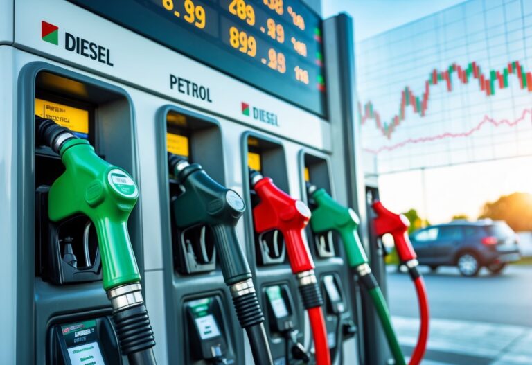 A fuel station with separate diesel and petrol pumps, a digital price board, and vehicles refuelling.