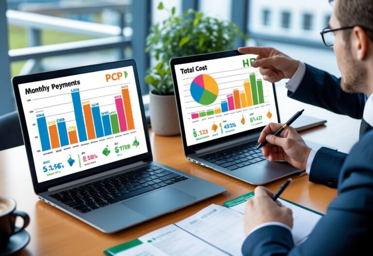 Two people in a business setting comparing financial charts on laptops, with subtle Irish elements in the background.