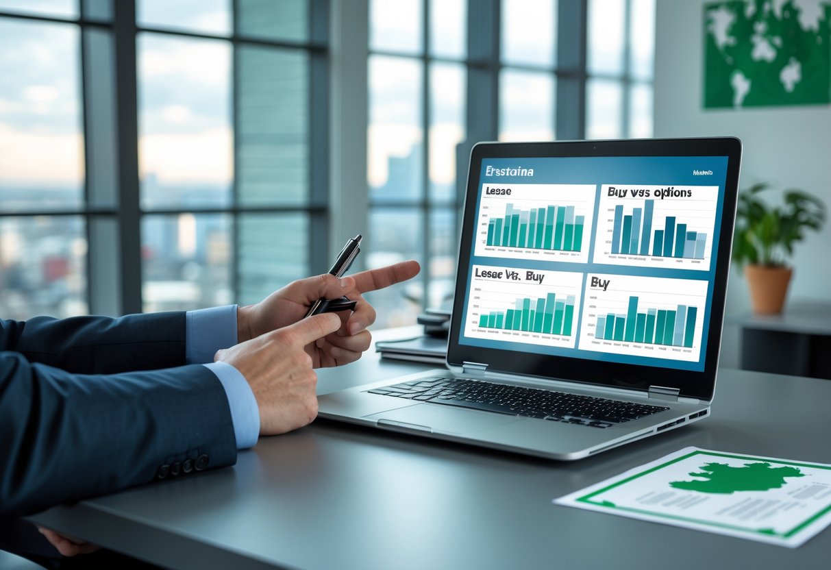 Two businesspeople discussing financial charts on a laptop in a modern office with a view of a city and Irish-themed decor.
