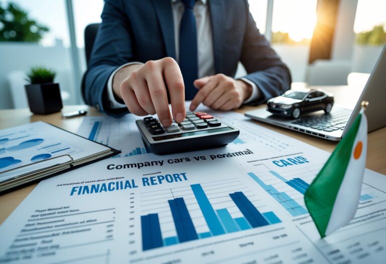 Hands using a calculator and pointing at a financial report on a desk with a car model and an Irish flag nearby in a bright office.