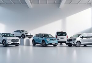 A variety of modern vehicles including an electric car, hatchback, SUV, van, and motorcycle displayed on a white background.