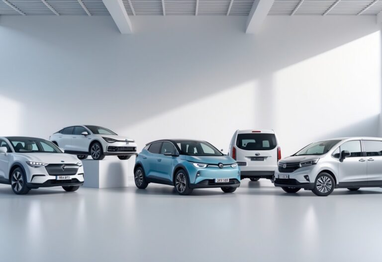 A variety of modern vehicles including an electric car, hatchback, SUV, van, and motorcycle displayed on a white background.