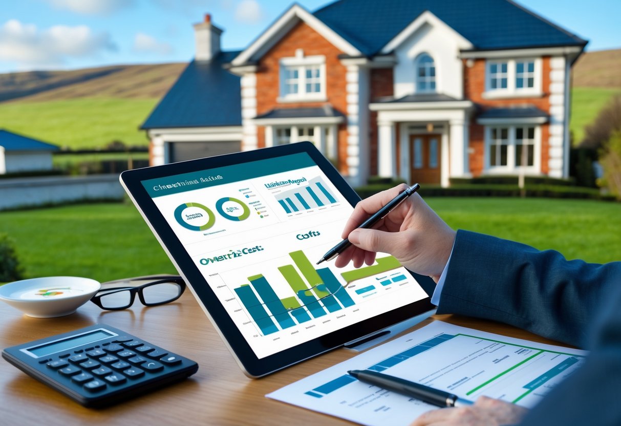 A person reviewing financial documents at a table outside a traditional Irish house with green hills in the background.
