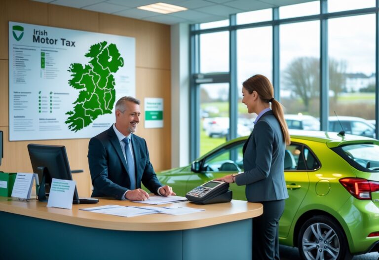 A person receiving assistance at a motor tax office counter with documents and a computer, a map of Ireland on the wall, and a green car visible outside the window.