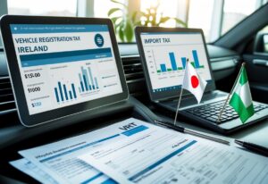 Close-up of a car interior with registration documents and a laptop showing tax calculations, with Japanese and Irish flags on a desk nearby.