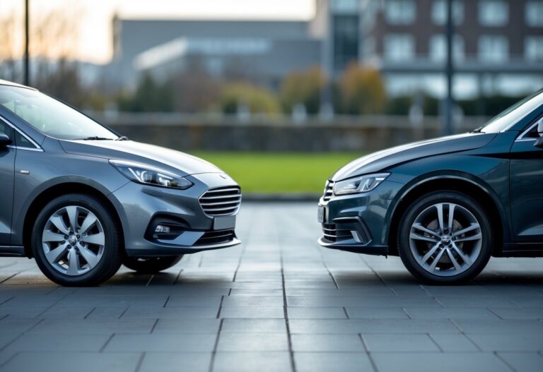 Two cars parked side by side outdoors, one used and one new, with an urban background suggesting Ireland.