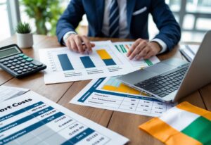 A person in business attire reviewing financial documents and charts about import costs on a desk with a calculator, laptop, and an Irish flag.