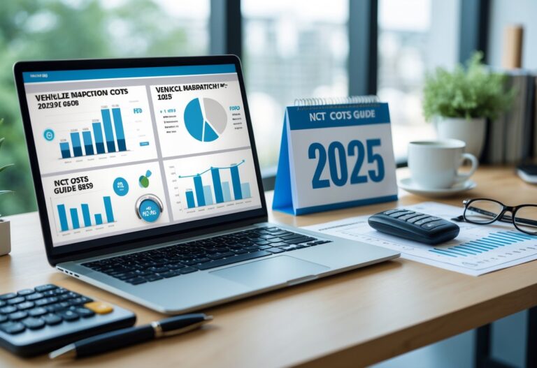 A clean office desk with a laptop showing financial charts, a calculator, glasses, coffee cup, and car keys, suggesting vehicle inspection cost planning for 2025.