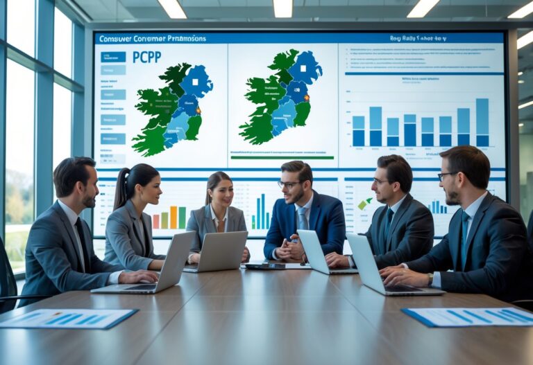A group of professionals discussing financial data and charts in a modern office with a digital screen showing maps and graphs related to Ireland.