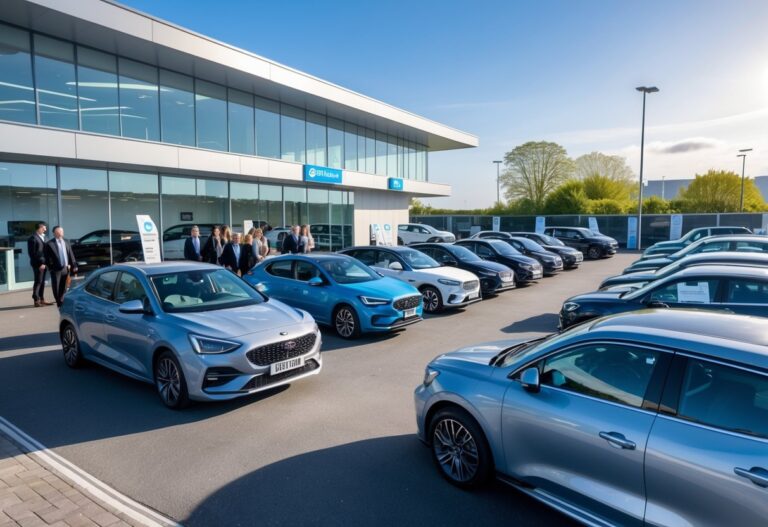 A car dealership lot in Cork with various new cars and staff assisting customers on a sunny day.
