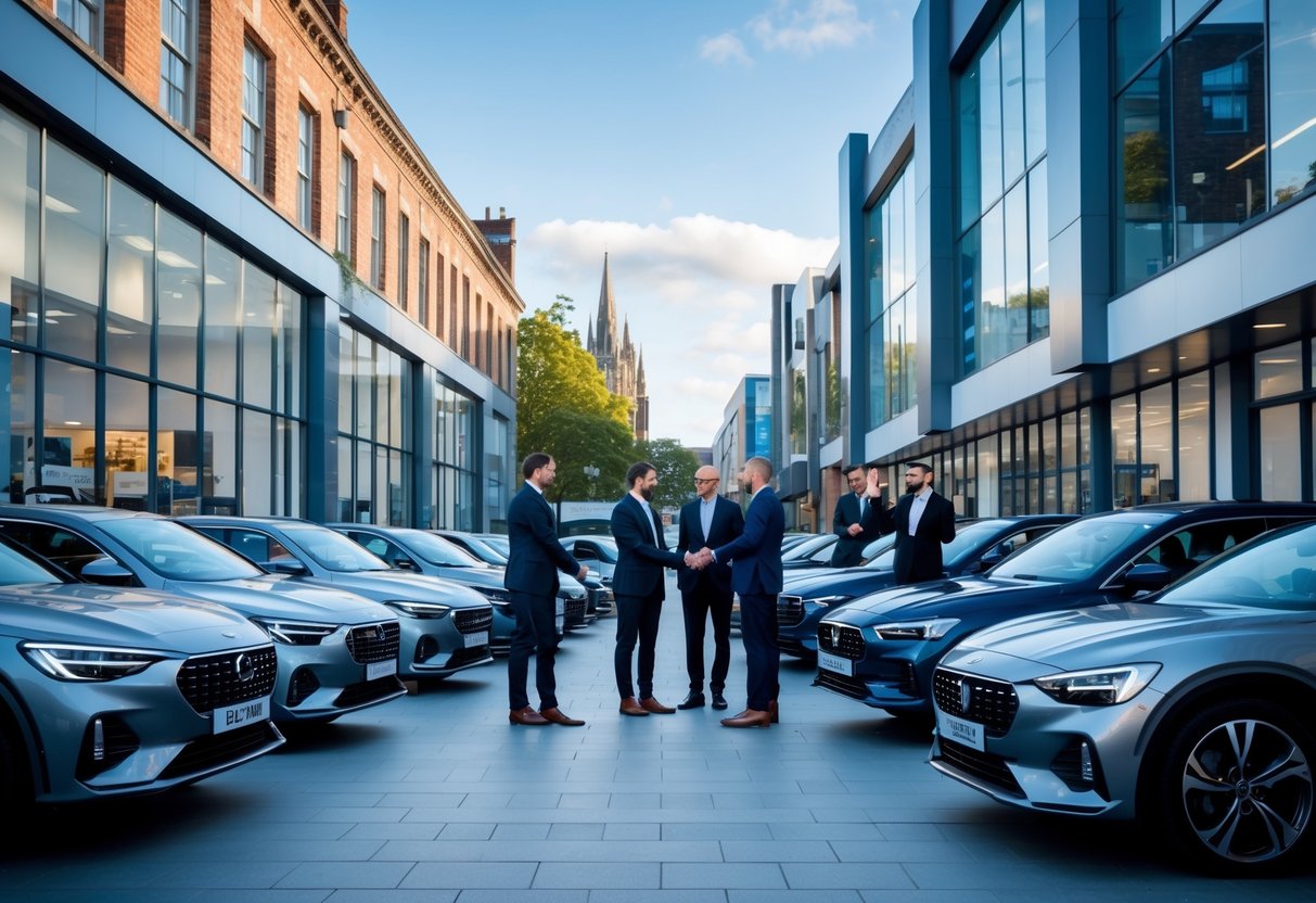 A busy car dealership area in Dublin with new cars displayed and people interacting outside modern buildings.