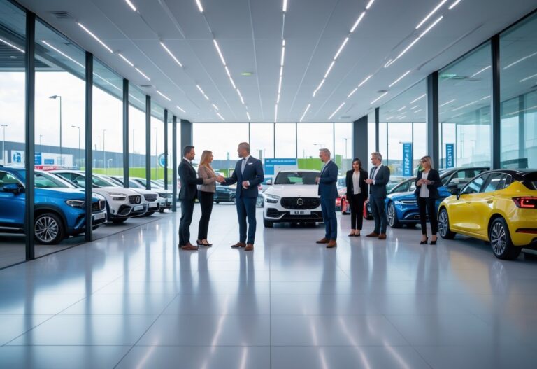 A car dealership showroom with a dealer talking to customers and several cars displayed inside and outside, with Belfast city in the background.