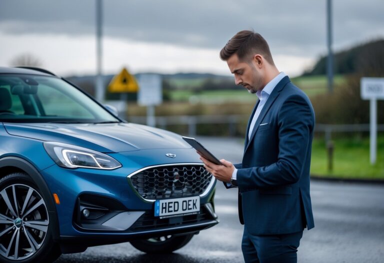 A person inspecting a car outdoors in an Irish suburban setting, focusing on the vehicle's condition.