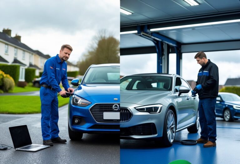 A split scene showing a mobile mechanic working on a car at a residential driveway on one side, and a car being inspected inside a modern inspection centre on the other side.