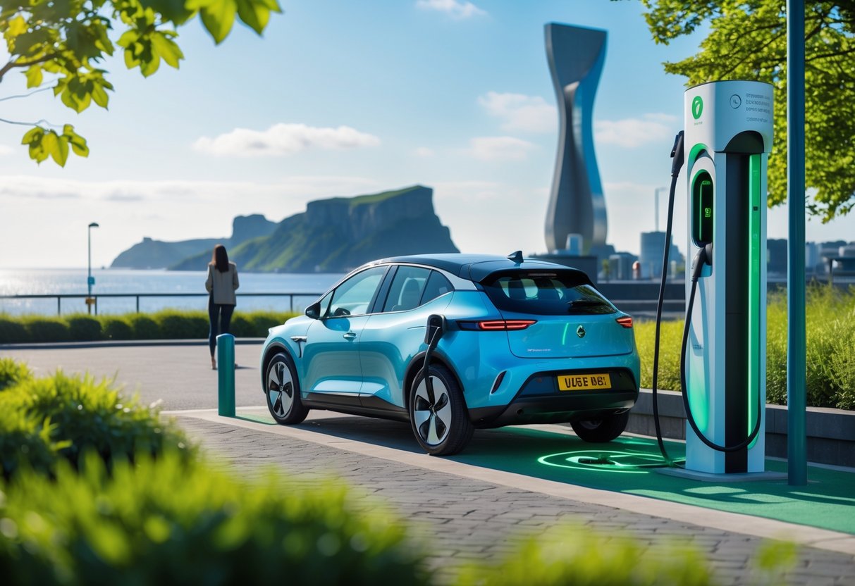 Electric car charging at a public station in a green urban area of Northern Ireland with city landmarks in the background.