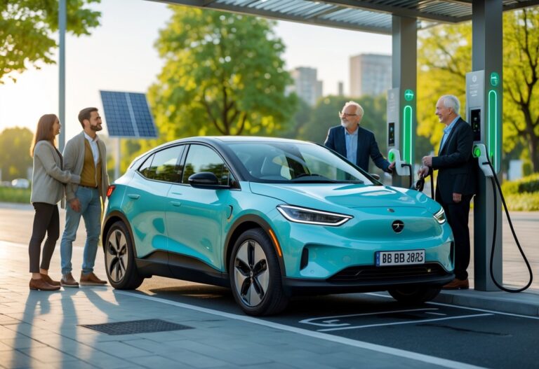 An electric car charging at a public station with people nearby in a green urban setting.