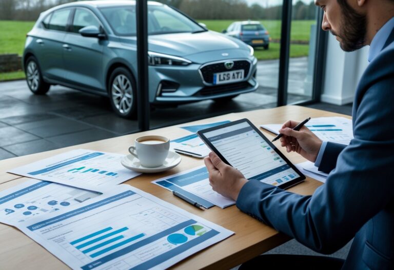 Person reviewing car inspection reports at a desk with a used car visible outside a window.