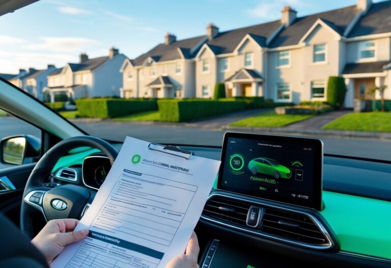 A hybrid car parked on a suburban street in Northern Ireland with a person holding vehicle tax and MOT documents nearby.