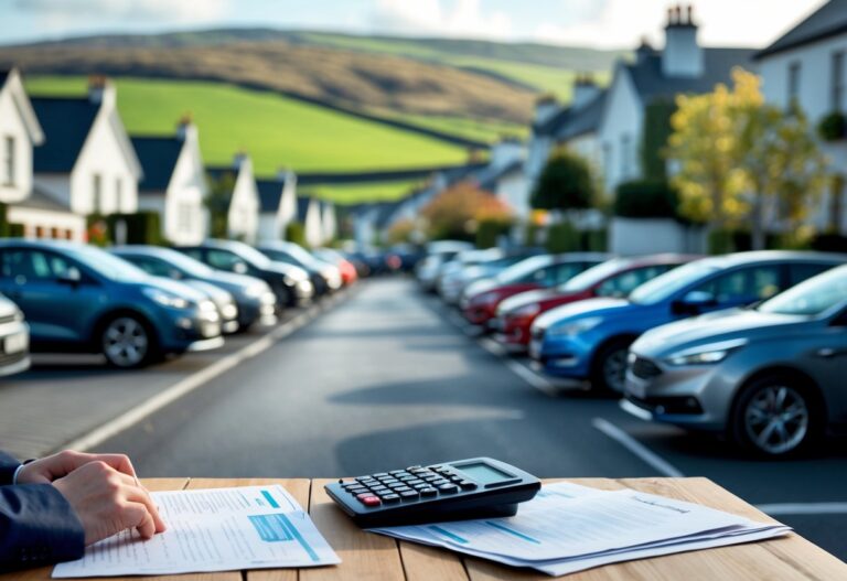 Person calculating car insurance costs at a table with new cars parked on a suburban Irish street and green hills in the background.