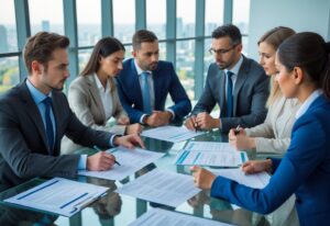 A group of professionals reviewing contracts together around a conference table in a bright office.