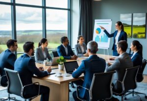 A group of business professionals in a conference room participating in a negotiation training session with a presenter and attentive attendees.