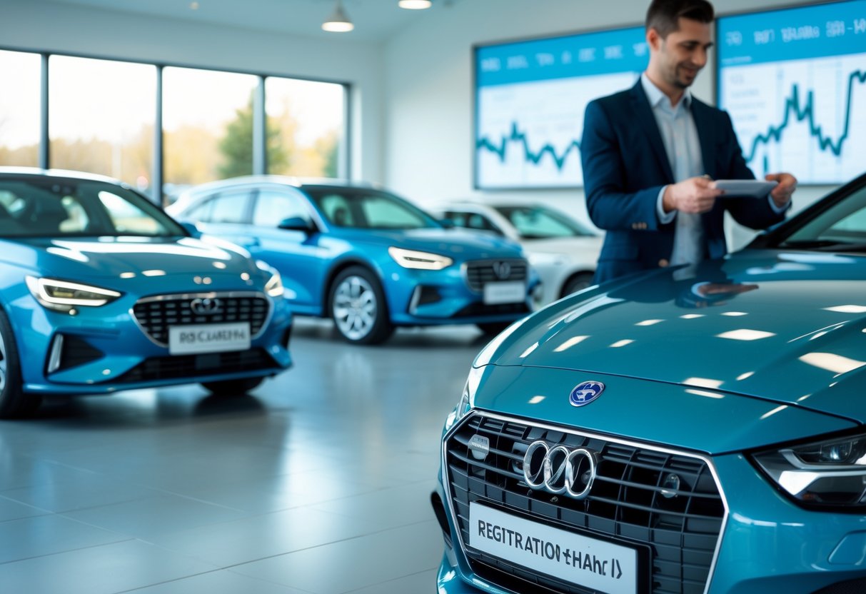 A person examining a car's registration plate inside a bright car dealership with new cars displayed around.