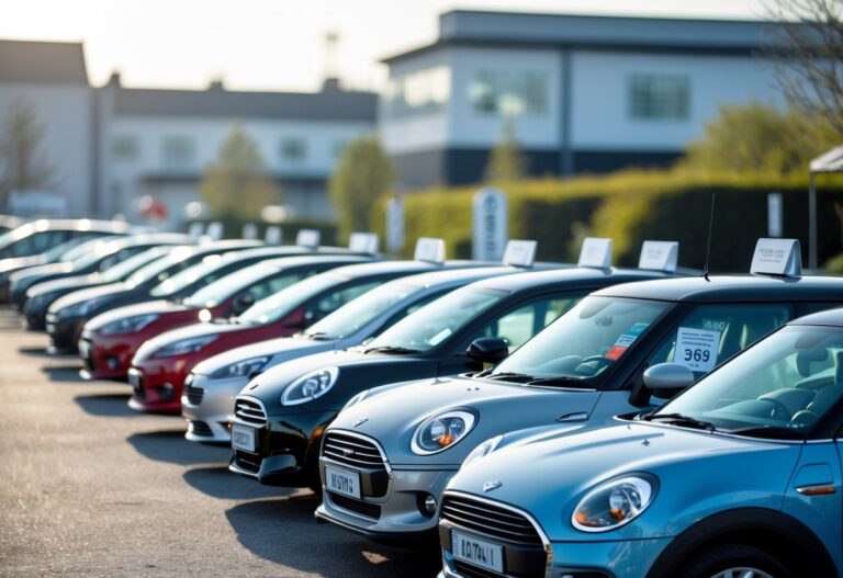 A row of compact and supermini cars parked outdoors in a dealership lot with buildings and greenery in the background.