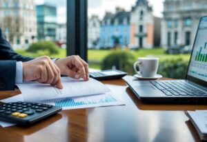 Hands of a businessperson reviewing lease documents on a desk with a calculator and laptop, with a city view of Irish buildings visible through a window.