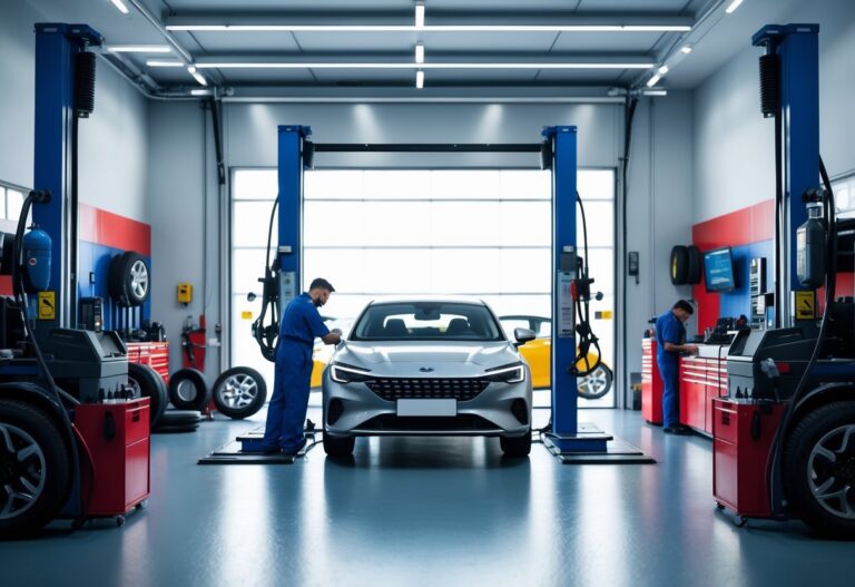 A mechanic inspecting a car on a lift inside a clean and organised car service centre with tools and equipment around.