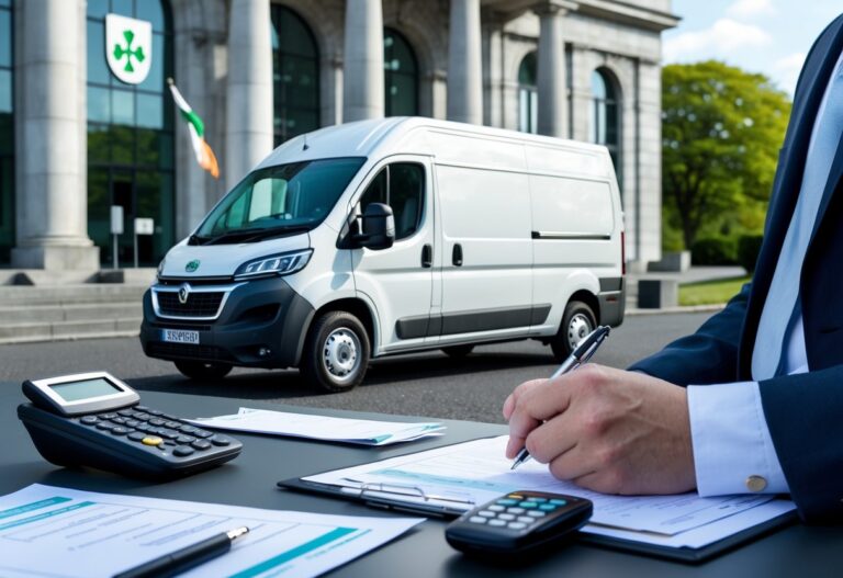 A white van parked outside a government building in Ireland with a person reviewing vehicle documents nearby.