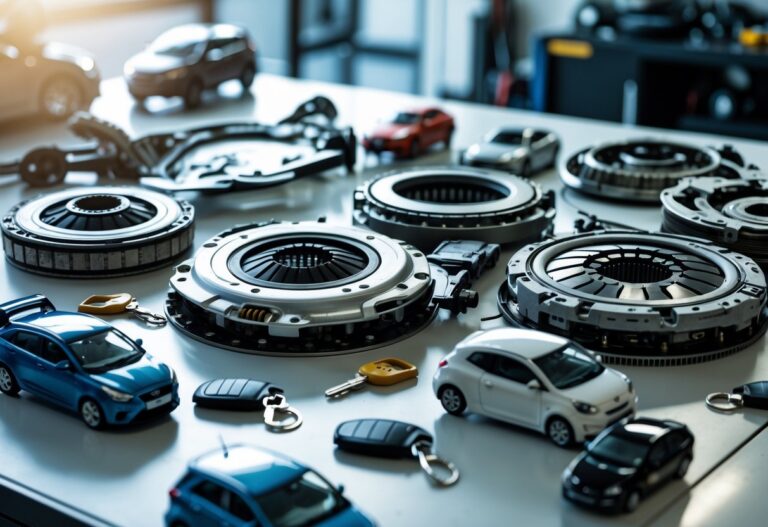 Close-up of car clutch parts with small model cars and keys on a workbench in an automotive workshop.