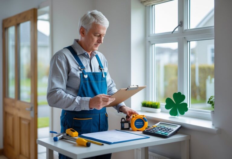 Person holding a clipboard and standing next to DIY tools on a table inside a modern Irish home.