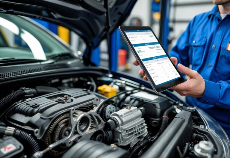 Close-up of a car engine showing the timing belt with a mechanic holding a tablet in a modern workshop with a Northern Ireland flag sticker visible.