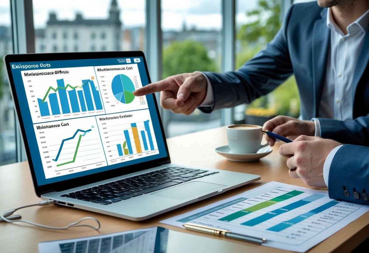 Two colleagues discussing maintenance cost charts on a laptop in a bright office with a view of an Irish city.