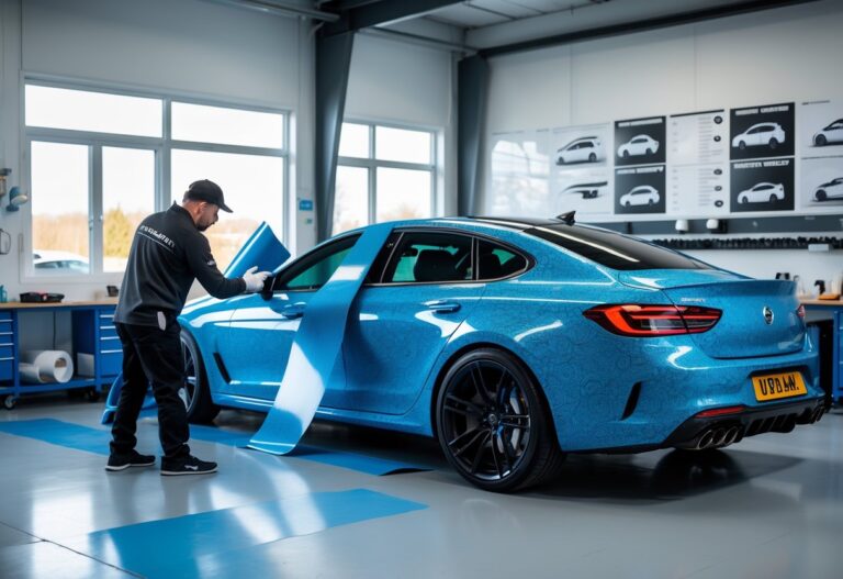 A technician applying vinyl wrap to a car inside a clean car wrapping workshop in Ireland.