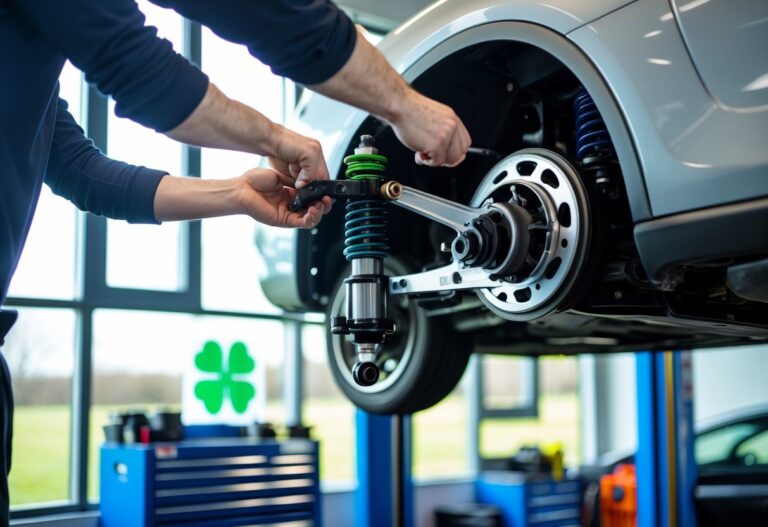 Mechanic installing a car suspension component in a clean automotive workshop with tools and equipment in the background.
