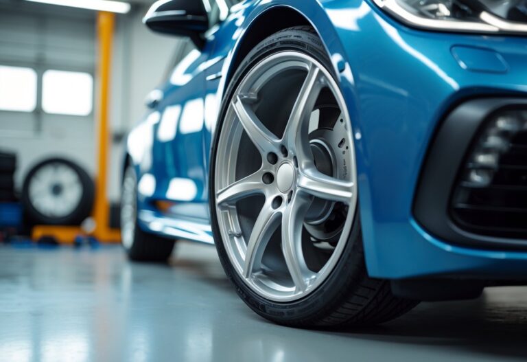 Close-up of a shiny alloy wheel mounted on a car with a blurred workshop background.